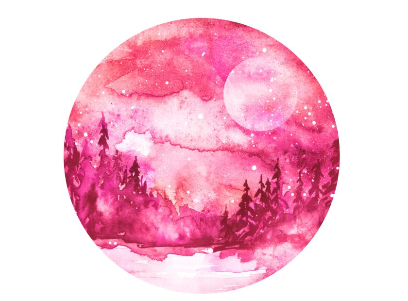 Watercolor,Painting,,Illustration,,Round,Logo.,Forest,,Suburban,Landscape,,Silhouettes,Of